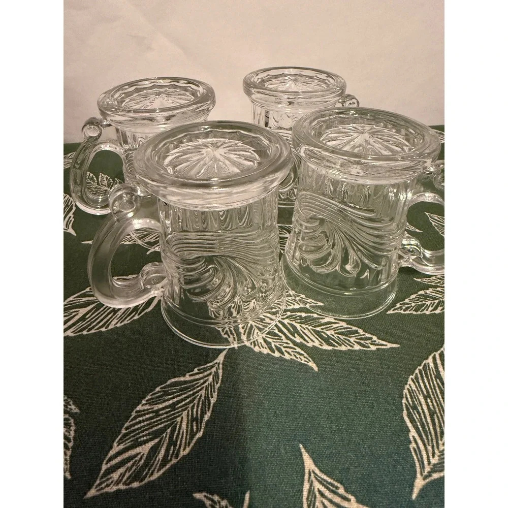 Vintage Clear Pressed Glass Shot Mugs Set of 4 Scroll Leaf Pattern Mini Tankards
